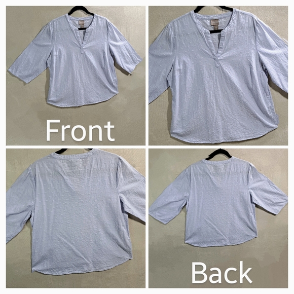 Chico's 2 (US:L) Women Cotton 3/4 Sleeve Pullover VNeck Eyelash Dot Blouse Tunic - Picture 3 of 10